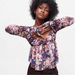 Urban Outfitters Floral Ruched Babydoll Long Sleeve Blouse